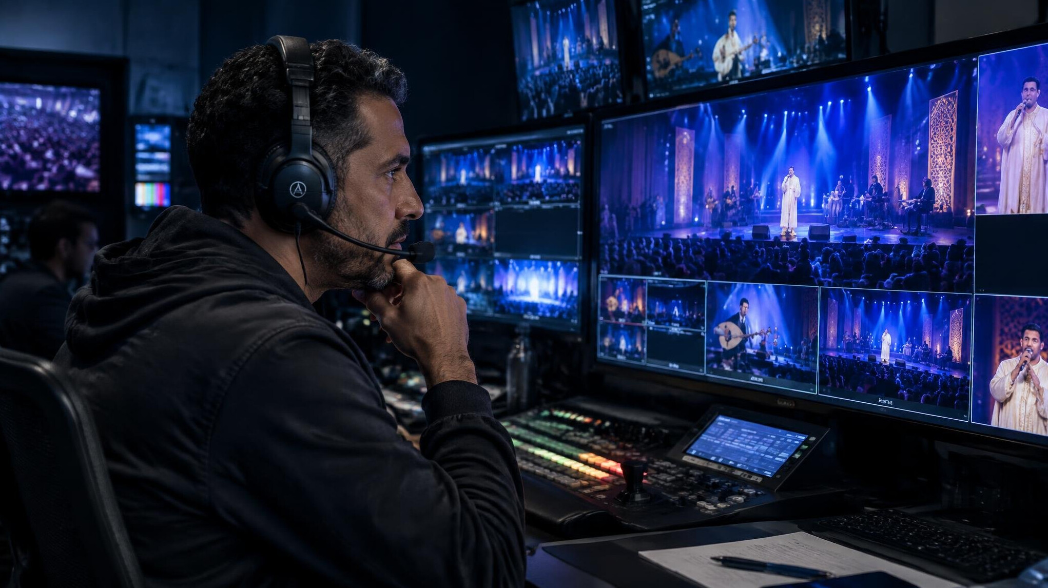 Director reviewing a live show run-through on control room monitors