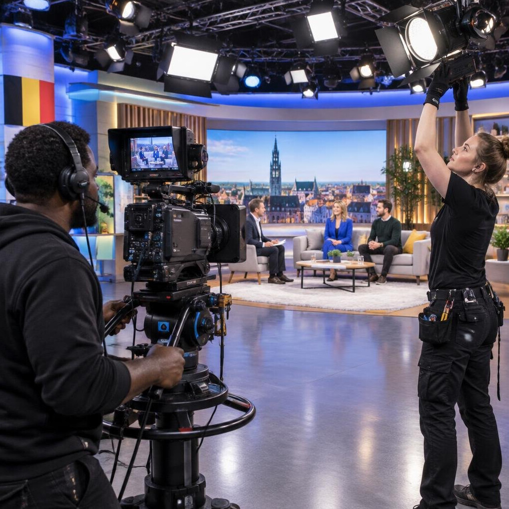 Production crew setting up cameras and lighting on a television show set